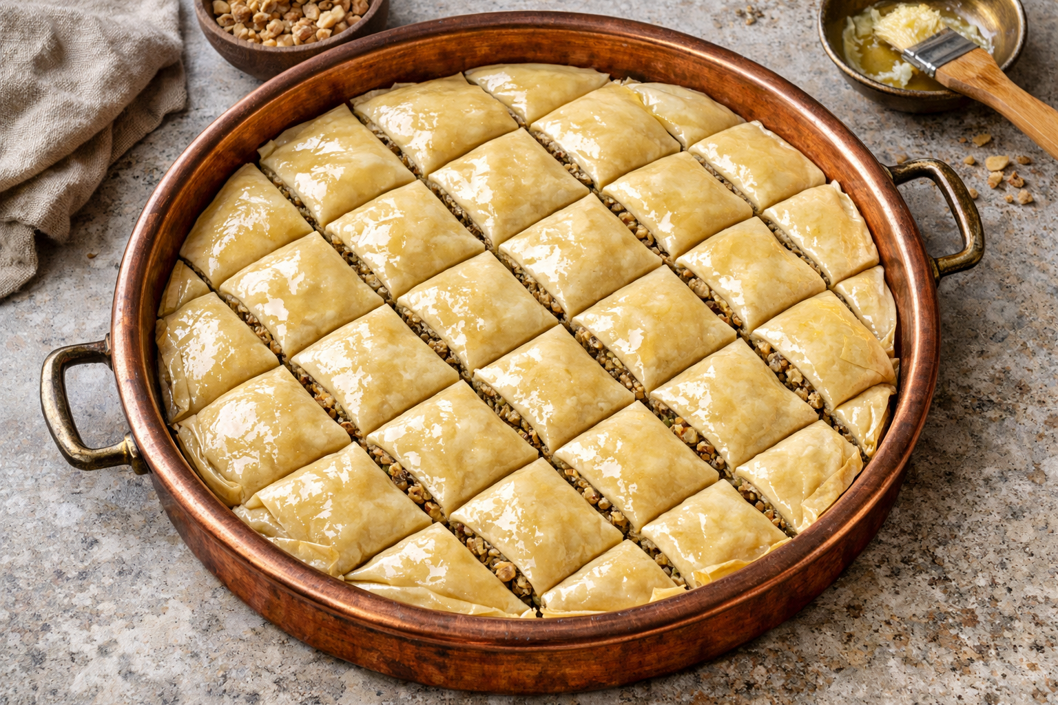 Firina girmeden once kesilmis baklava tepsisi