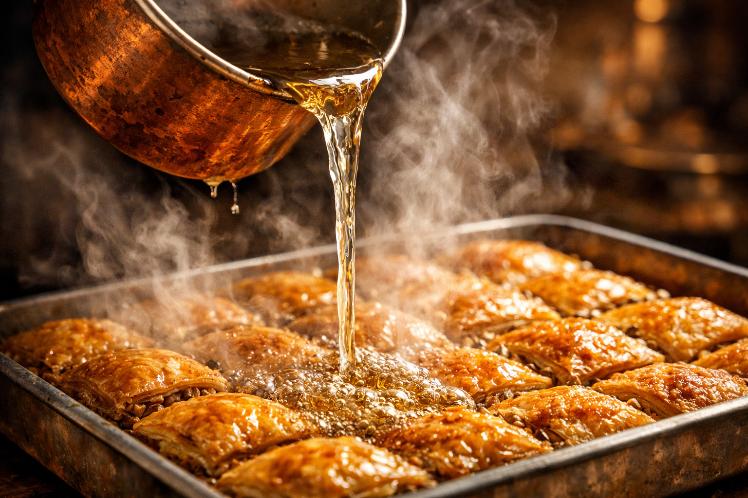 Sicak baklavanın uzerine serbet dokulurken