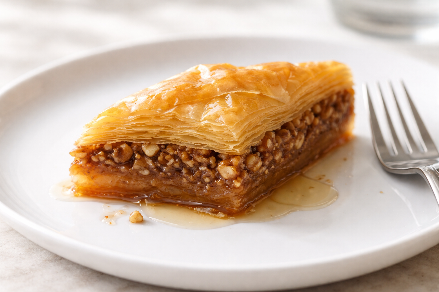 Cevizli baklava dilimi, kahverengi ceviz katmanları gorunur