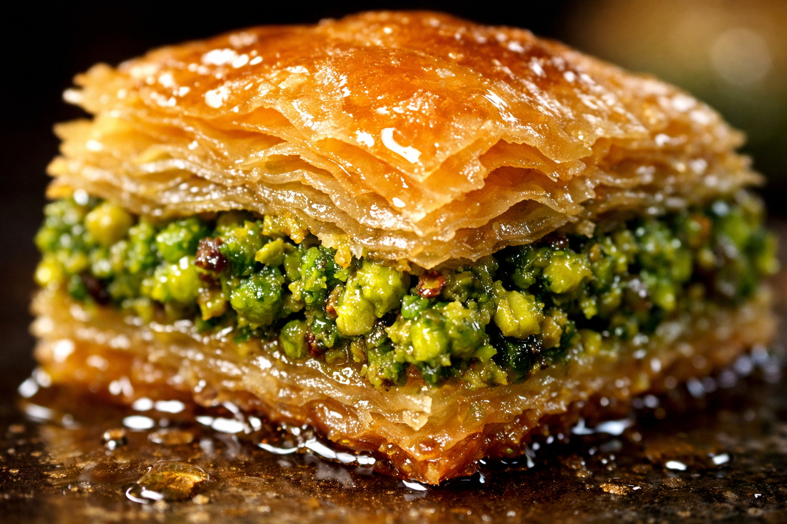 Fistikli baklavanın yakin cekim goruntusu, yeşil fistik katmanları